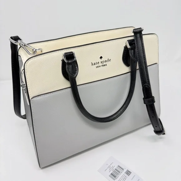 Kate Spade Madison Colorblock Saffiano Medium Satchel Bag Cream/Plat. Gray/Black - Picture 7 of 17